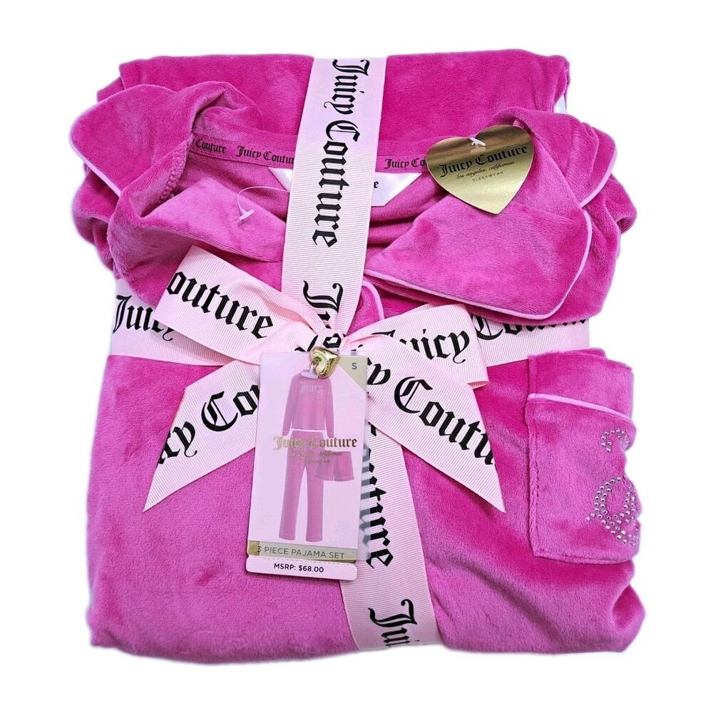 Juicy Couture 3 Piece Pajama Set Pink Velour Womens Small Sleepwear